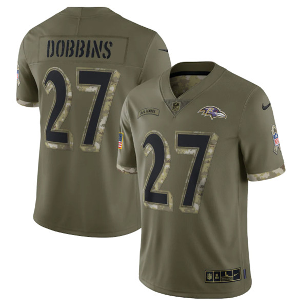 Men's Baltimore Ravens #27 J.K. Dobbins 2022 Olive Salute To Service Limited Stitched Jersey